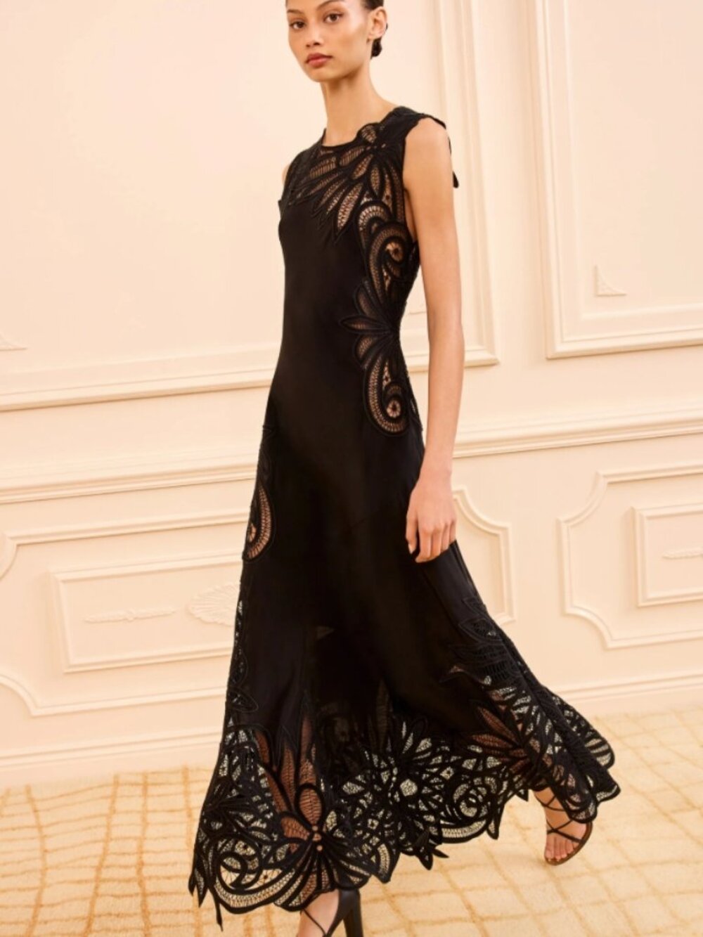NWOT ULLA JOHNSON Idra Lace Applique Silk Maxi Dress in Noir XS $1,600